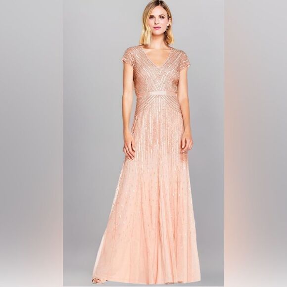 Adrianna Papell Dresses & Skirts - Adrianna Papell Women's Long Beaded V-Neck Dress With Cap Sleeves and Waistband